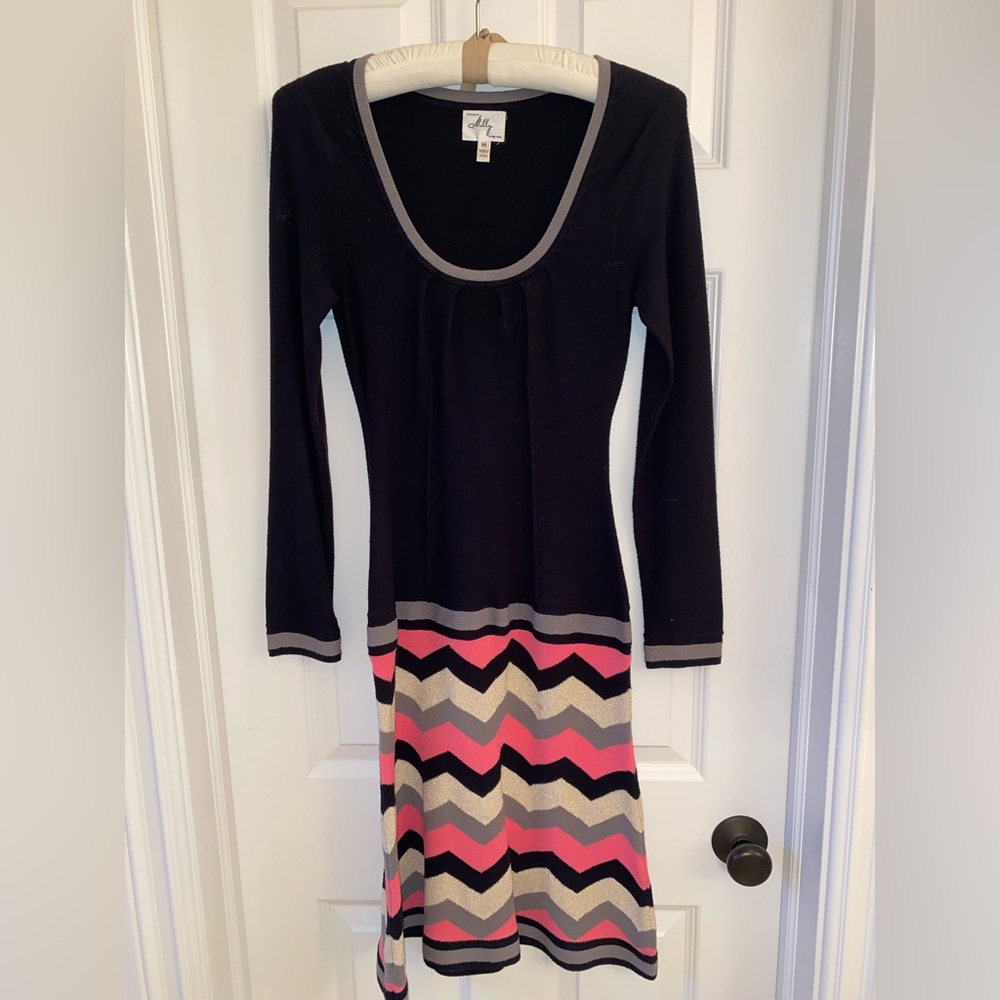 Milly long sleeve, black, pink and silver knit dress.
